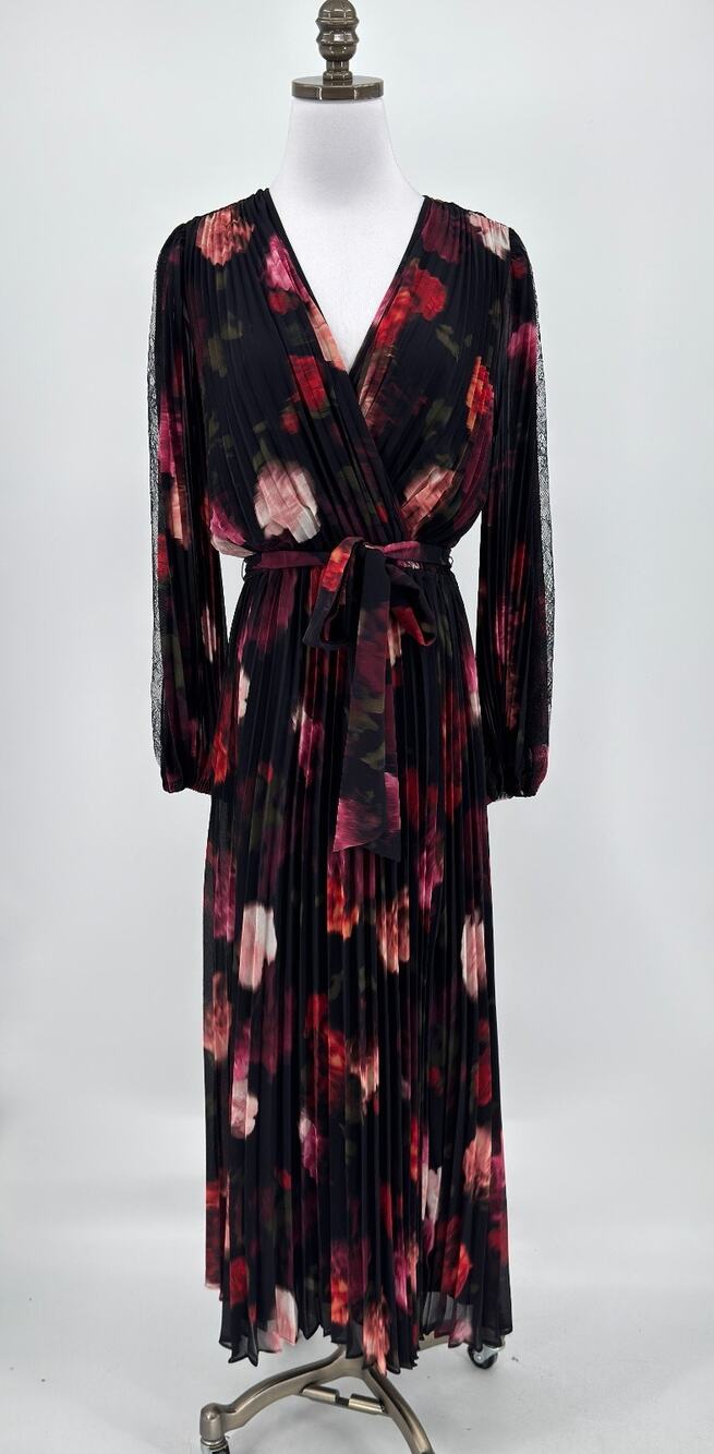 Joseph Ribkoff Signature Black Pleated Chiffon Floral Fit Flare Dress Sz M NEW